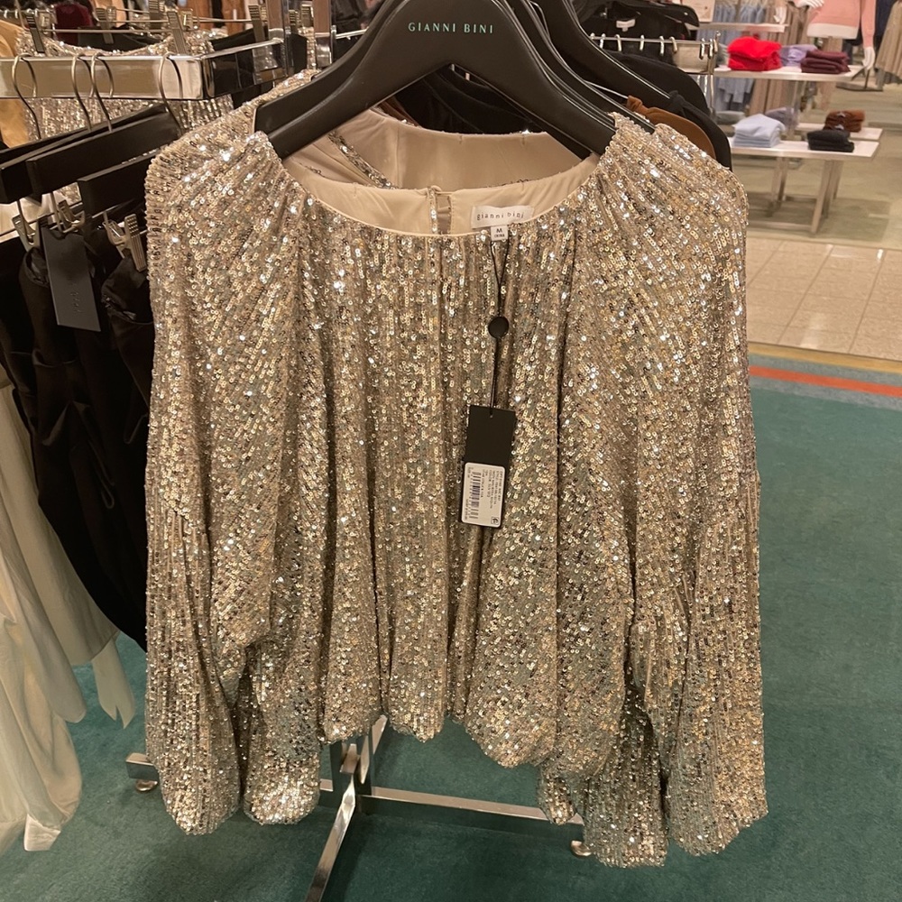 🔥Gianni bini Maurissa Sequin Long Sleeve. Silver. Amazing top! Worn one time! - Picture 3 of 8